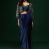 Luxury Tissue Silk Saree – 30% off, Sparkling Crystal Jacket Tissue Silk Saree in midnight blue with intricate hand embellishments and crystal tassels.