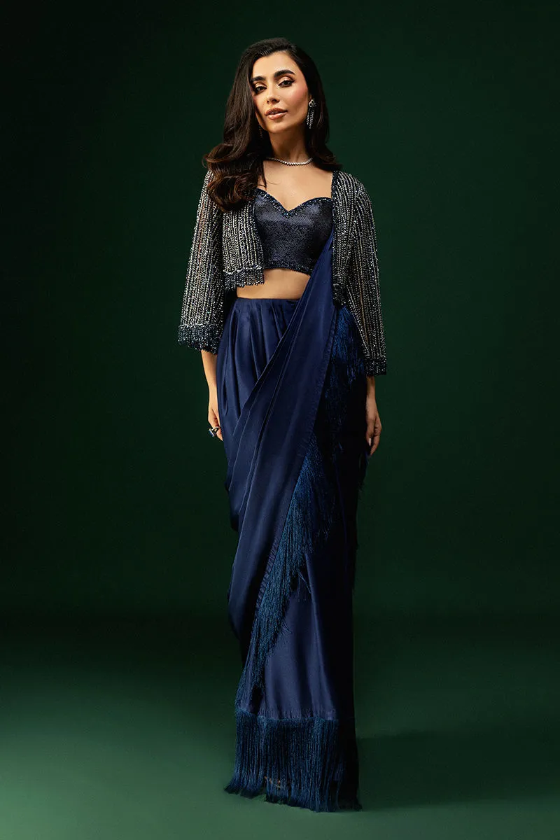 Luxury Tissue Silk Saree – 30% off, Sparkling Crystal Jacket Tissue Silk Saree in midnight blue with intricate hand embellishments and crystal tassels.