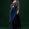 Luxury Tissue Silk Saree – 30% off, Sparkling Crystal Jacket Tissue Silk Saree showcasing its luxurious fabric and elegant midnight blue color.