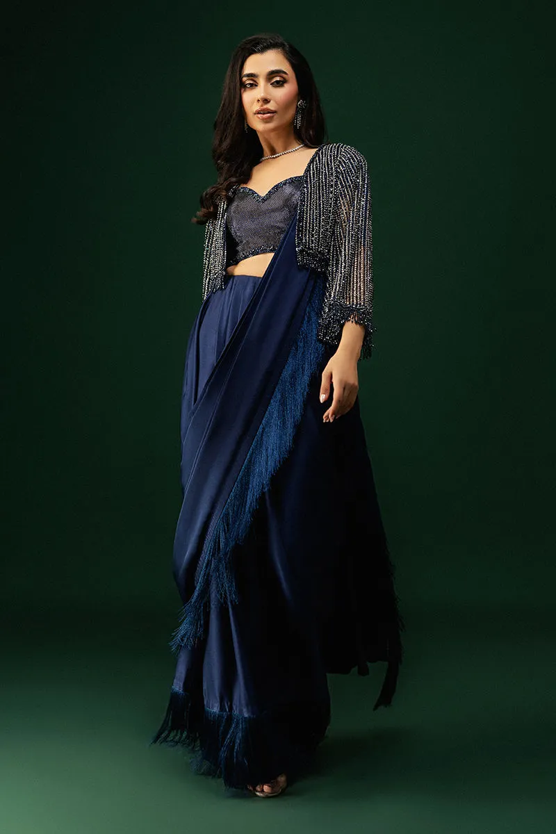 Luxury Tissue Silk Saree – 30% off, Sparkling Crystal Jacket Tissue Silk Saree showcasing its luxurious fabric and elegant midnight blue color.