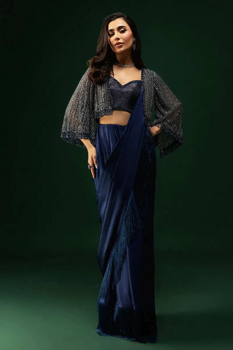 Luxury Tissue Silk Saree – 30% off, Sparkling Crystal Jacket Full view of the Tissue Silk Saree with fringed edges and sophisticated draping.