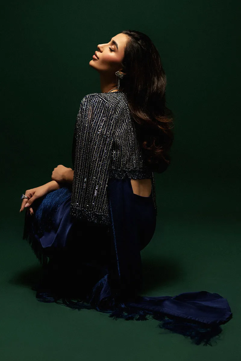 Luxury Tissue Silk Saree – 30% off, Sparkling Crystal Jacket Tissue Silk Saree in a glamorous pose, perfect for weddings and formal events.