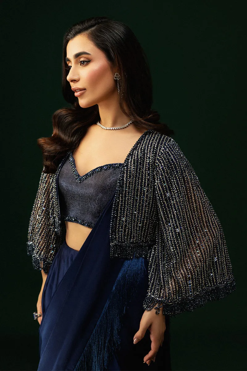 Luxury Tissue Silk Saree – 30% off, Sparkling Crystal Jacket Close-up of Tissue Silk Saree showing the premium silk texture and handcrafted embellishments.