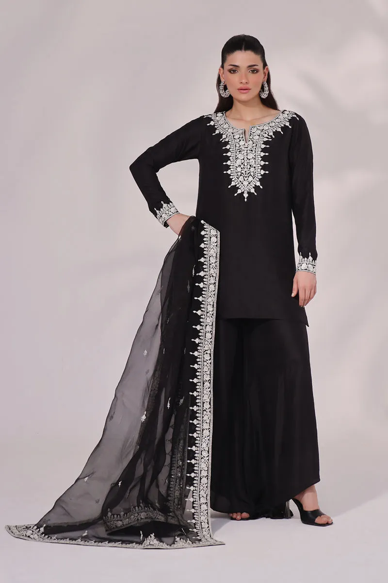 Elegant Black & White Raw Silk Set with intricate mirror work, perfect for weddings and special occasions. Crafted with high-quality raw silk and detailed embroidery.