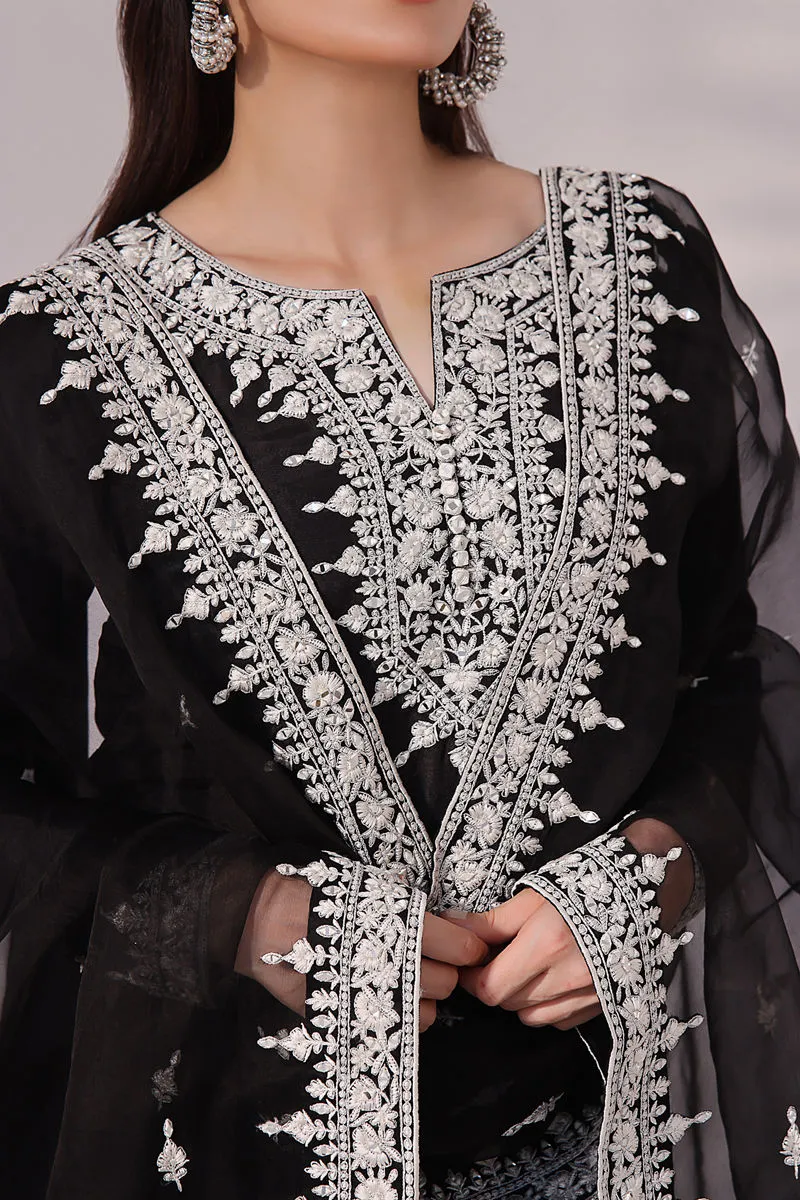 Black and white raw silk Inaya set styled with matching accessories, featuring mirror work and intricate embroidery, perfect for a luxurious wedding or formal gathering