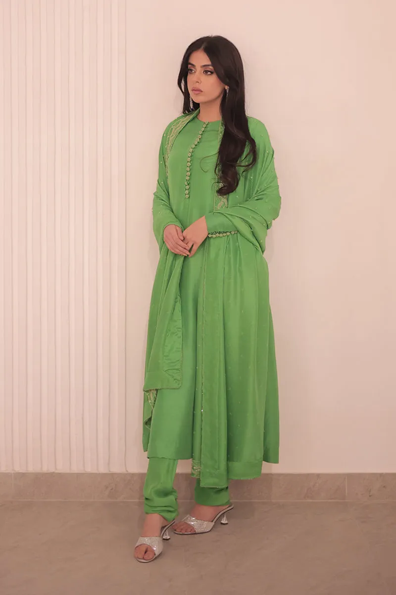 Don’t Miss Out – Apple Green Dress in Luxe Raw Silk Elegance Apple Green Dress worn by model at wedding, showcasing luxurious Raw Silk Outfit with A-line cut and intricate hand embellishments."