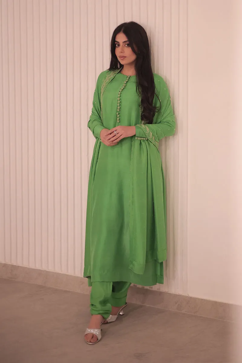 Don’t Miss Out – Apple Green Dress in Luxe Raw Silk Elegance Apple Green Raw Silk Dress hanging on a hanger, showcasing luxurious fabric and elegant design perfect for weddings and formal gatherings."