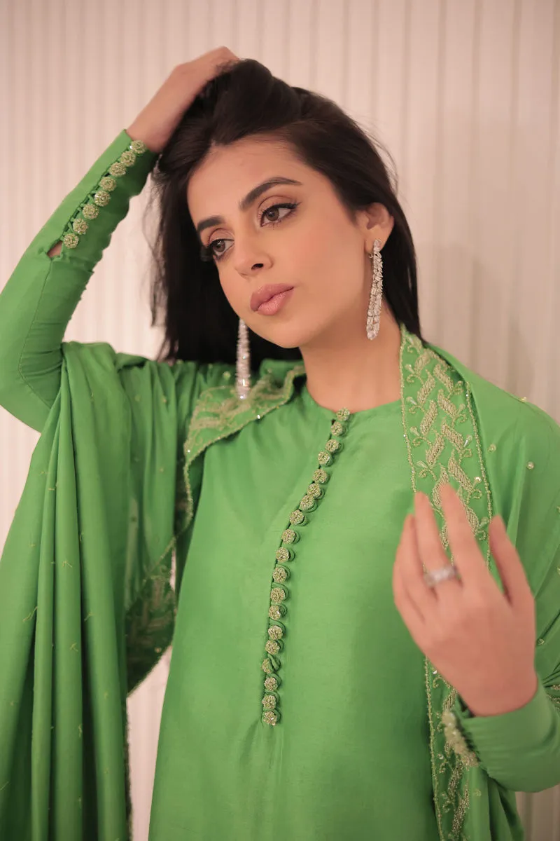 Don’t Miss Out – Apple Green Dress in Luxe Raw Silk Elegance "Apple Green Dress worn by model in a garden, showing off the graceful flow and luxurious detailing perfect for weddings and festive gatherings."