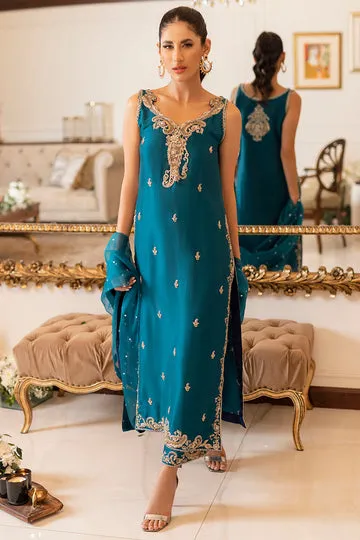 Teal Blue Dress with handcrafted raw silk fabric and intricate 3D embroidery, perfect for elegant occasions.