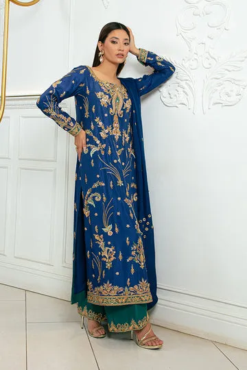 Royal Blue Dress – Elegant Blue Silk Dupatta with 3D Embroidery Spray