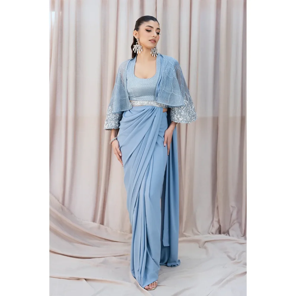 Sky Blue Fusion Saree with Hand-Embellished Cape – Luxury Traditional Wear OPANLINE