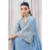 Sky Blue Fusion Saree with Hand-Embellished Cape – Luxury Traditional Wear Fabric Detail "Close-up of double crepe fabric, offering luxurious structure and comfort in the Sky Blue Fusion Saree."
