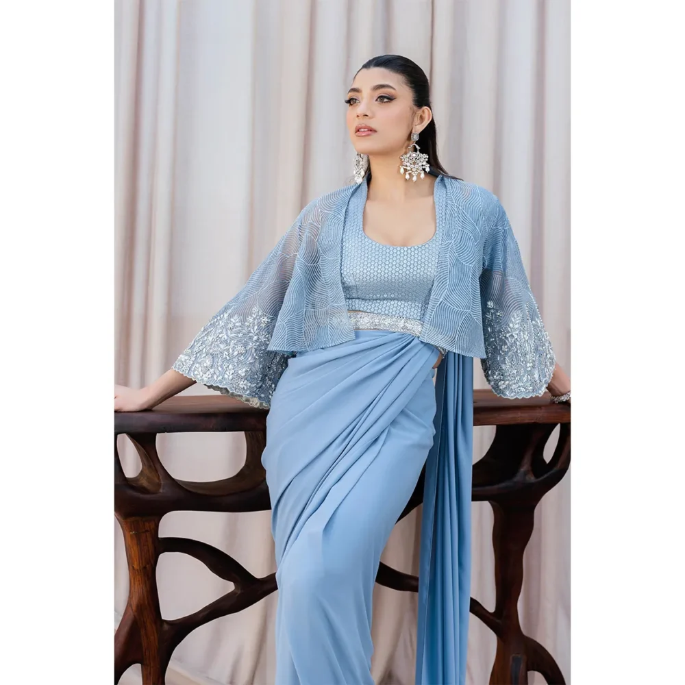 Sky Blue Fusion Saree with Hand-Embellished Cape – Luxury Traditional Wear Belted Design "Modern waist-enhancing belt featured on the Sky Blue Fusion Saree, adding a contemporary touch to the traditional design."