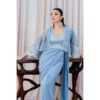 Sky Blue Fusion Saree with Hand-Embellished Cape – Luxury Traditional Wear Belted Design "Modern waist-enhancing belt featured on the Sky Blue Fusion Saree, adding a contemporary touch to the traditional design."