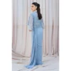Sky Blue Fusion Saree with Hand-Embellished Cape – Luxury Traditional Wear Back View "Back view of the Sky Blue Fusion Saree showing the flowing organza cape and elegant hand-embellished details."