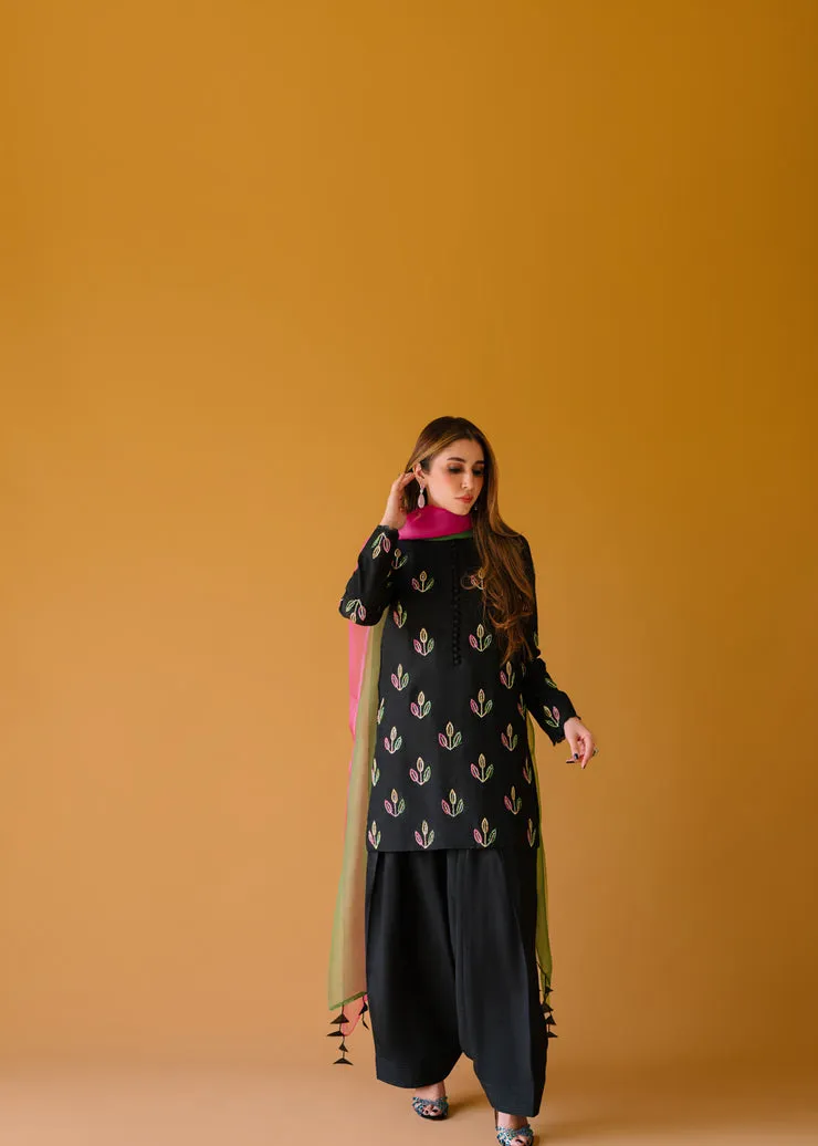 Front View of Black Korean Silk Short Shirt with Hand Embellishments and Button Detailing