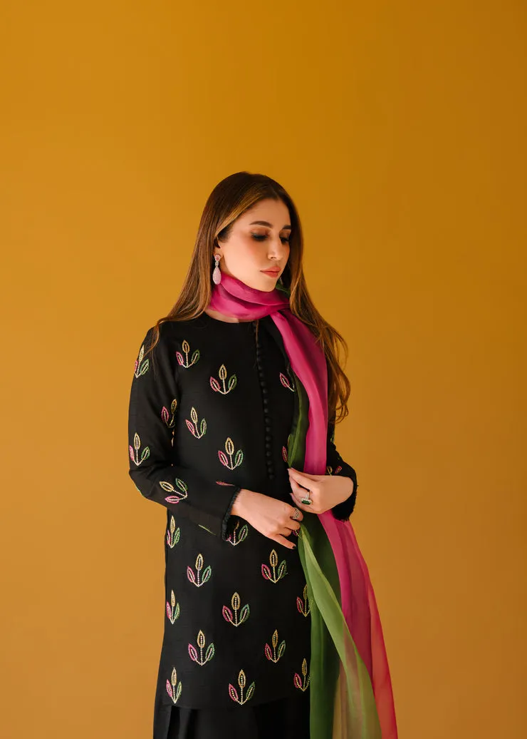 Close-up of Rhinestones and Gold Embellishments on Black Korean Silk Short Shirt