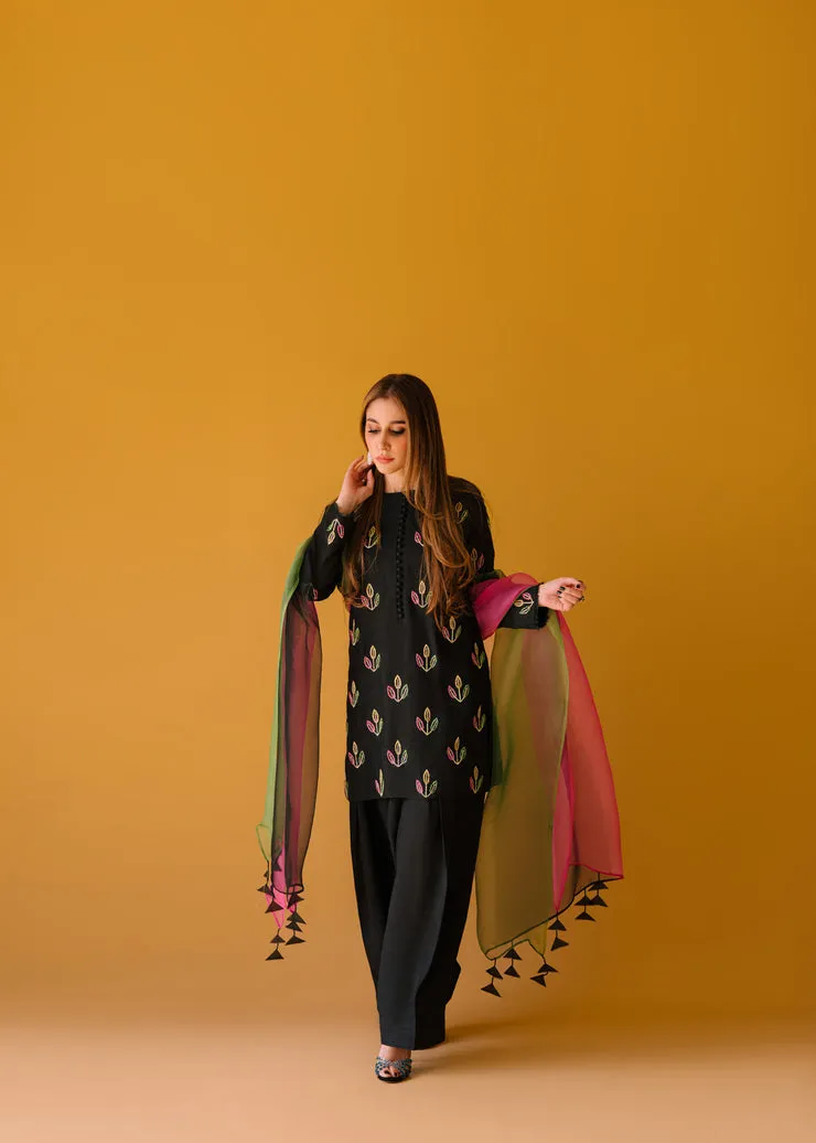 Full Outfit: Black Korean Silk Short Shirt with Dupatta and Shalwar Styled for a Formal Event