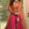 Gulistan-e-Zar Lehenga Choli – Flared fuchsia lehenga with gold & turquoise embroidered border