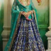 Royal Blue Lehenga Choli – Flared silhouette with intricate golden embellishments.