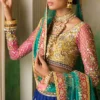 Royal Blue Lehenga Choli – Turquoise net dupatta with embroidered gold border.