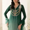 2️⃣ Green Embellished Kaftan Featuring Ombre Organza Dupatta