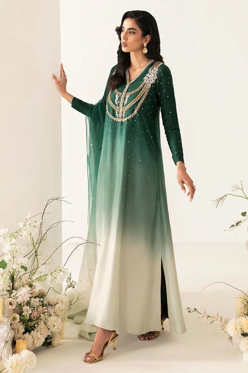 3️⃣ Green Embellished Kaftan with Intricate Rasham, Beads & Sequin Work