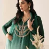 4️⃣ Green Embellished Kaftan in Luxurious Korean Raw Silk for Special Occasions