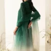 6️⃣ Green Embellished Kaftan Showcasing Ombre Effect & Sequin Spray Dupatta