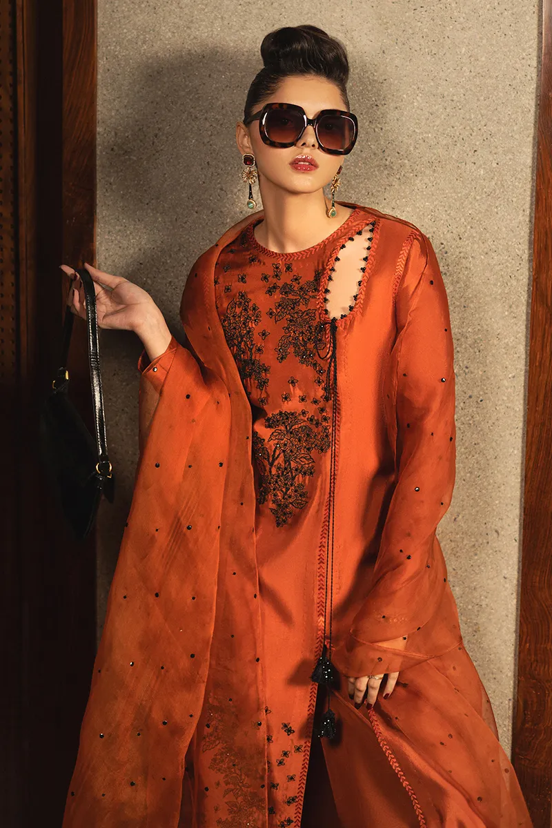 Tangerine Embroidered Silk Outfit ???? – Chic Culottes Style ✨