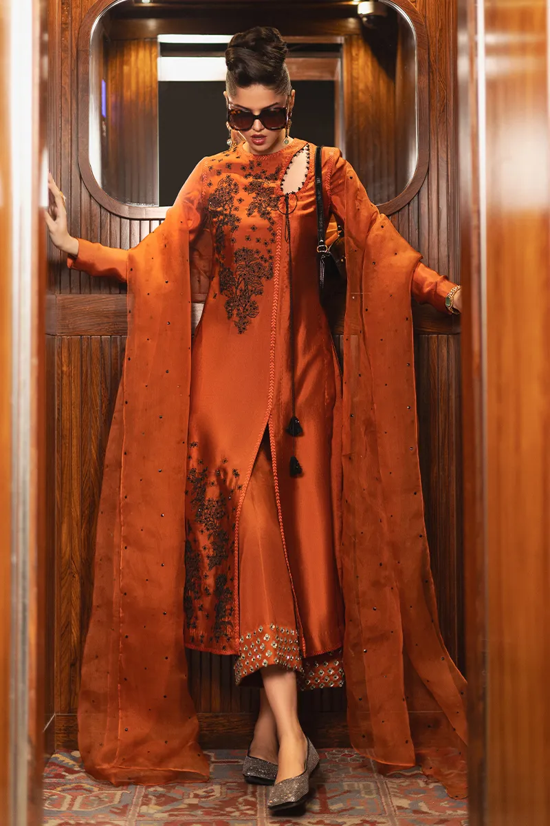 Tangerine Embroidered Silk Outfit ???? – Delicate Floral Detailing ????
