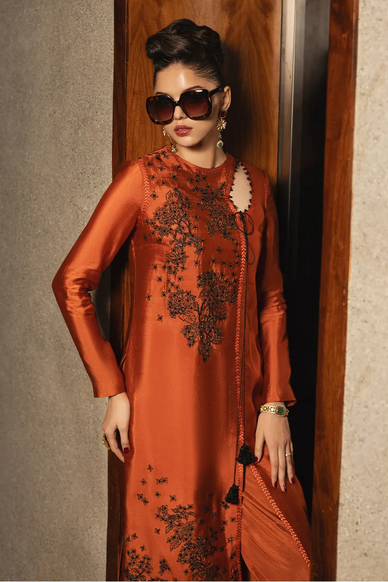 Tangerine Embroidered Silk Outfit ???? – Modern & Elegant Look ????