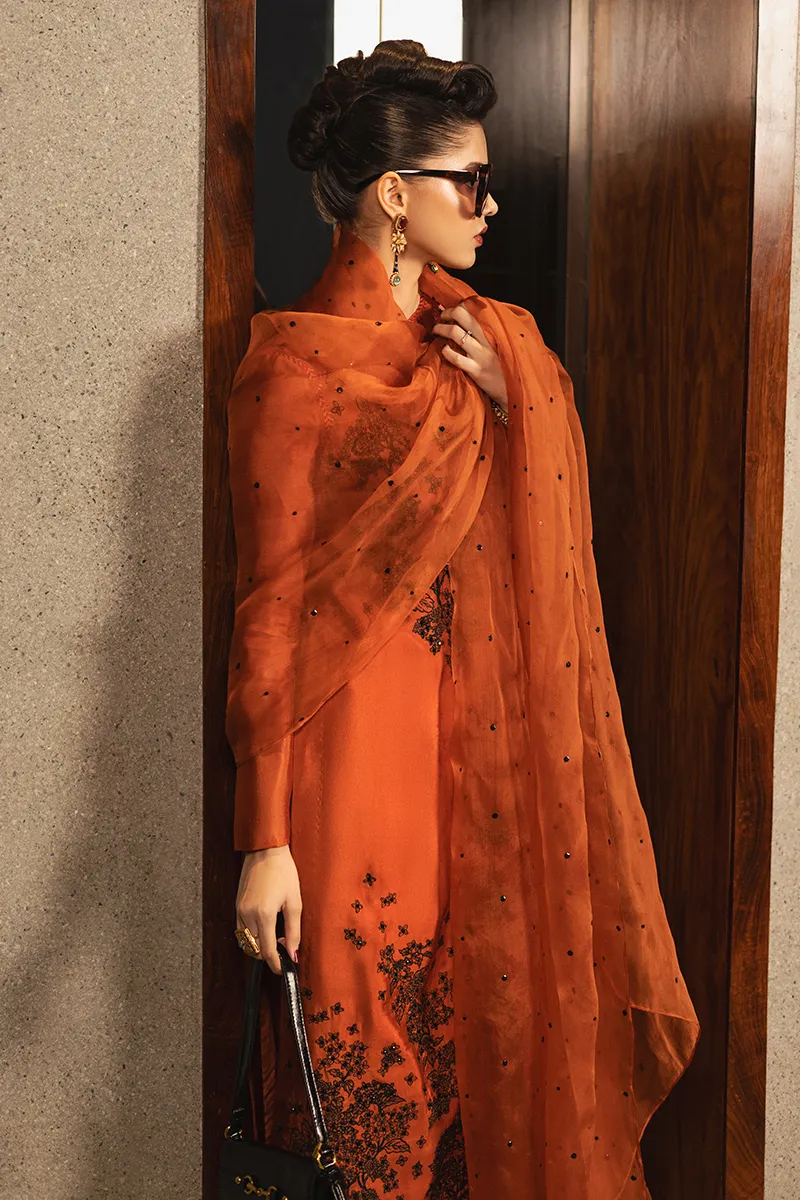 Tangerine Embroidered Silk Outfit ???? – Soft Tissue Silk Fabric ✨