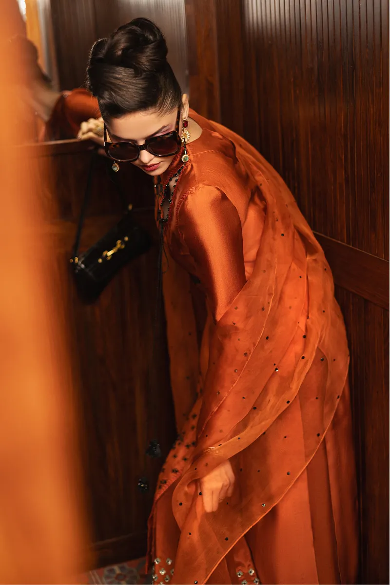 Tangerine Embroidered Silk Outfit ???? – Shimmering Sequin Organza ????