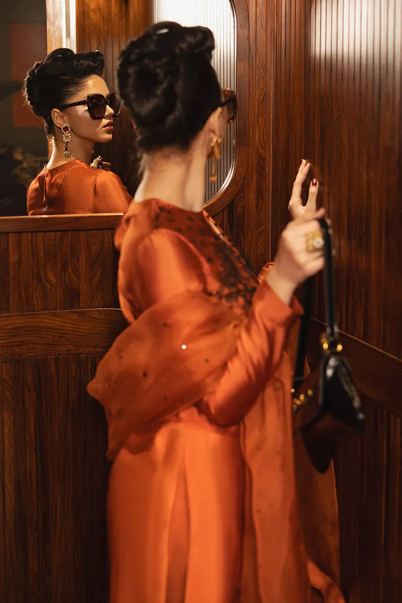 Tangerine Embroidered Silk Outfit ???? – Timeless Luxury & Grace ????