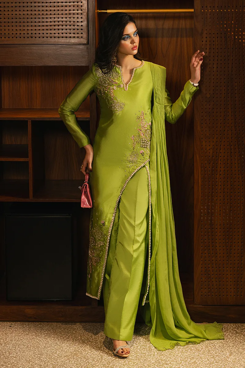 Parrot Green Embroidered Silk Outfit ✨ Elegant & Luxurious Design