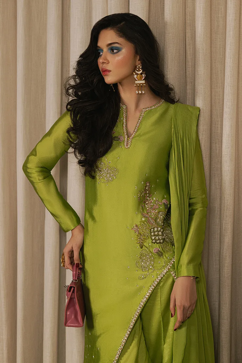 Parrot Green Embroidered Silk Outfit 💎 Stunning Floral Embroidery