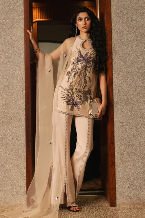 Beige Halter Silk Outfit ✨ – Front View with Embellishments