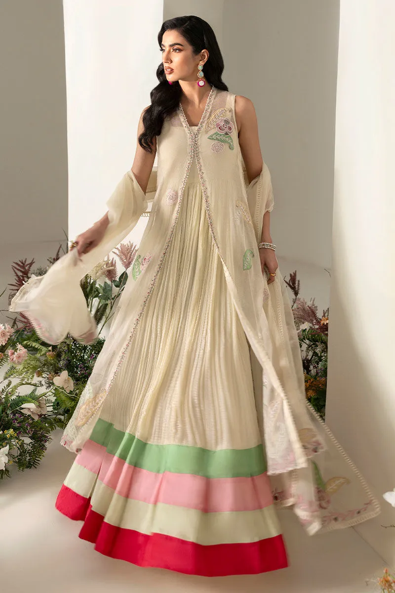 4️⃣ Off-White Cotton Net Dress – Elegant Side-Slit Long Dress with Organza Dupatta