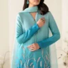 2️⃣ Embroidered Silk Suit for Women Featuring Ombre Turquoise & Silver Dabka Work