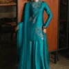 Teal Blue Embroidered Sharara Set ✨ - Front View of Elegant Design