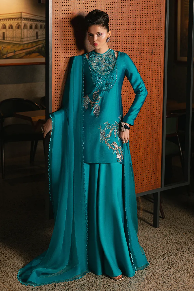 Teal Blue Embroidered Sharara Set ✨ - Front View of Elegant Design