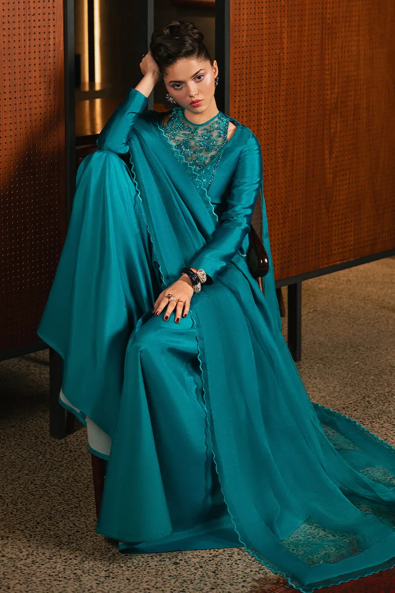 Teal Blue Embroidered Sharara Set ✨ - Back View Highlighting Scalloped Dupatta