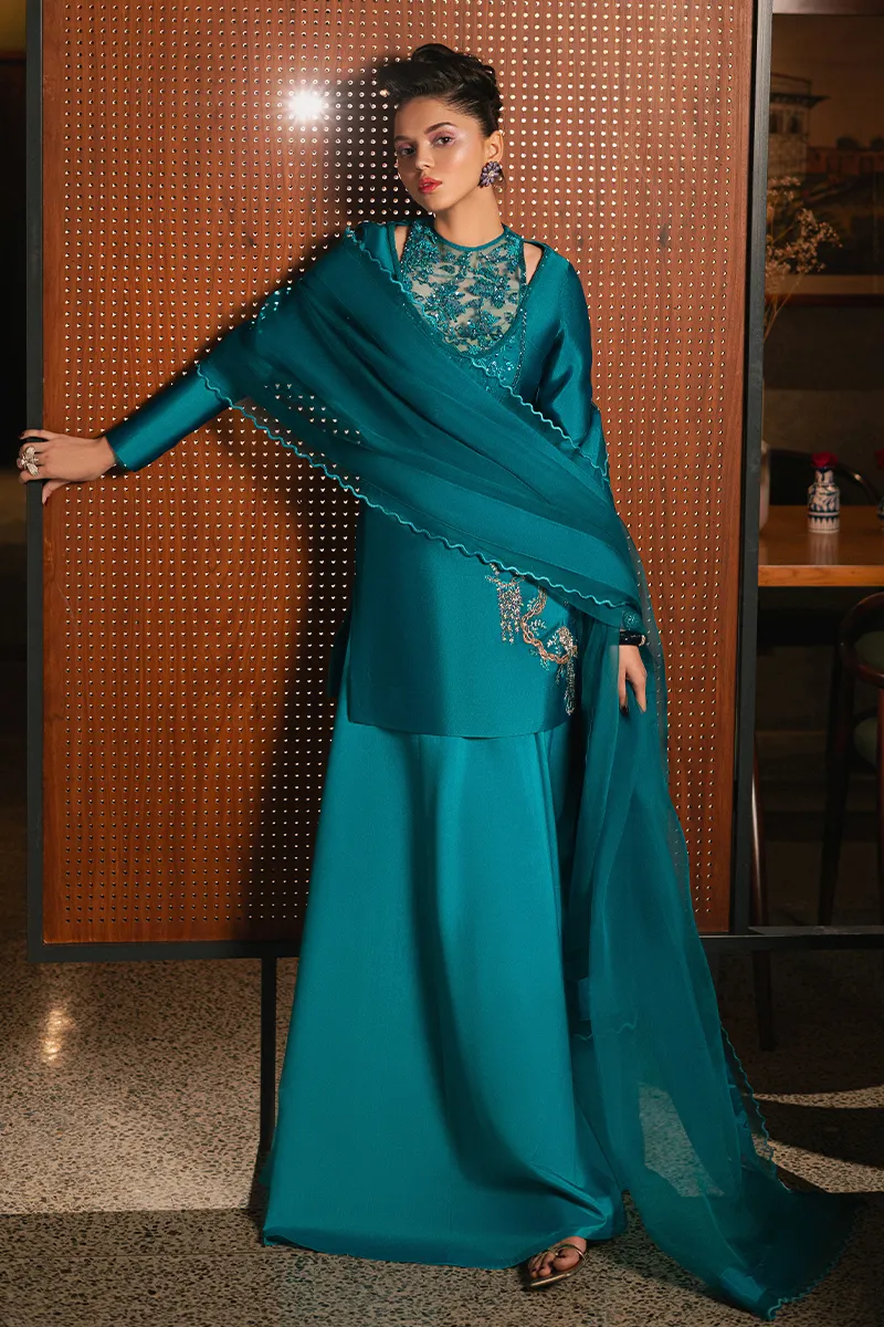 Teal Blue Embroidered Sharara Set ✨ - Side Angle Showcasing Flowy Sharara