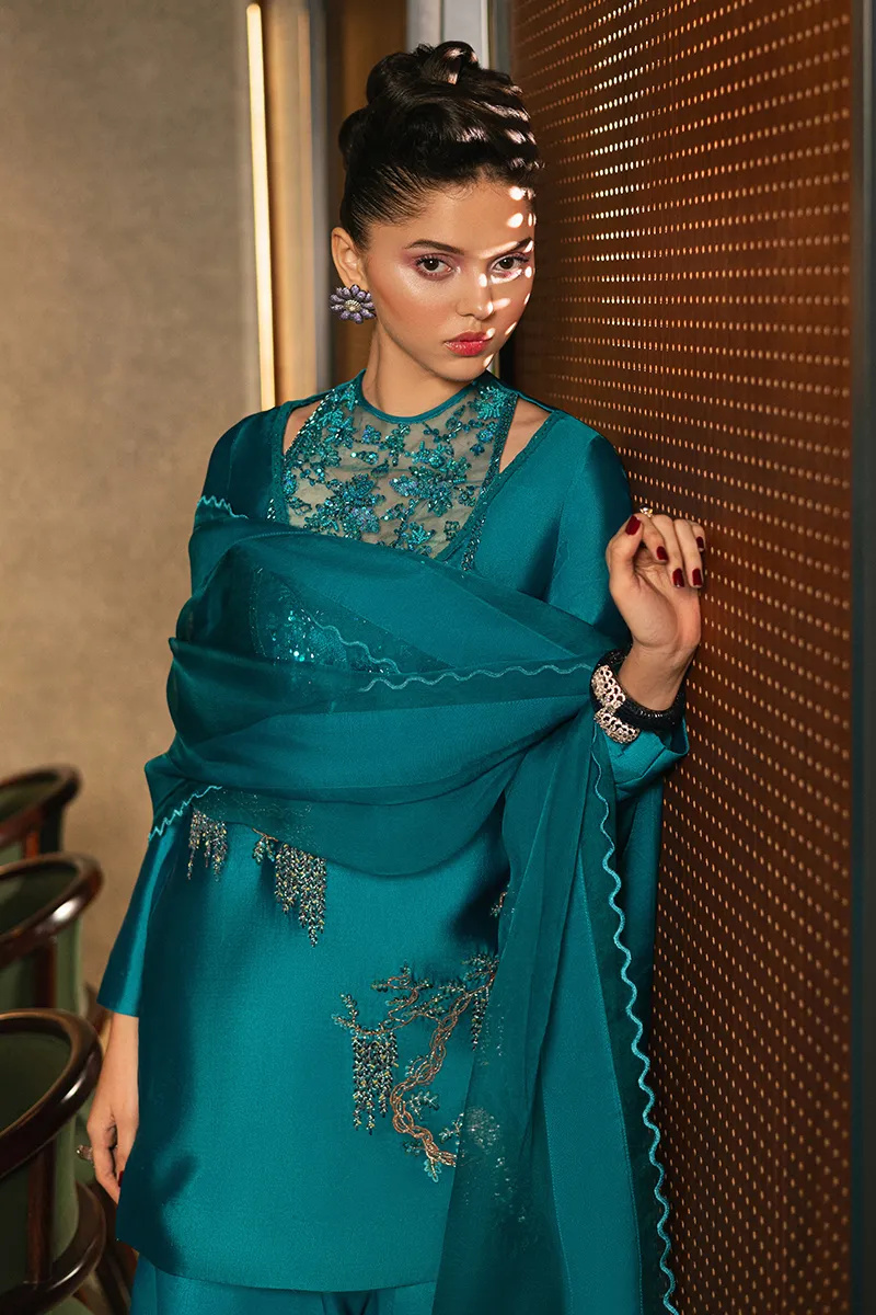 Teal Blue Embroidered Sharara Set ✨ - Close-up of Hand-Embellished Details