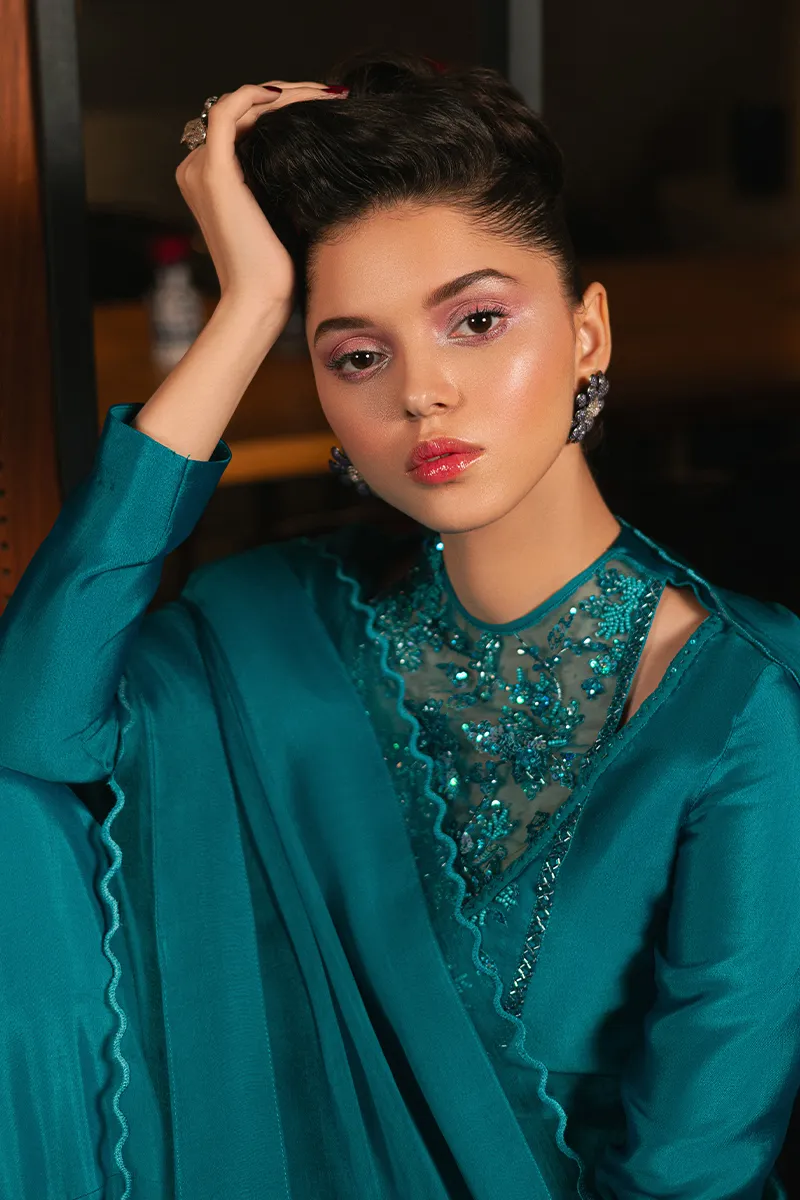 Teal Blue Embroidered Sharara Set ✨ - Model Twirling in Stunning Outfit