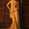 Embroidered Organza Shirt with Boot-Cut Trouser - Cali Bling, featuring intricate floral hand-embellishments and a luxurious mustard orange color."