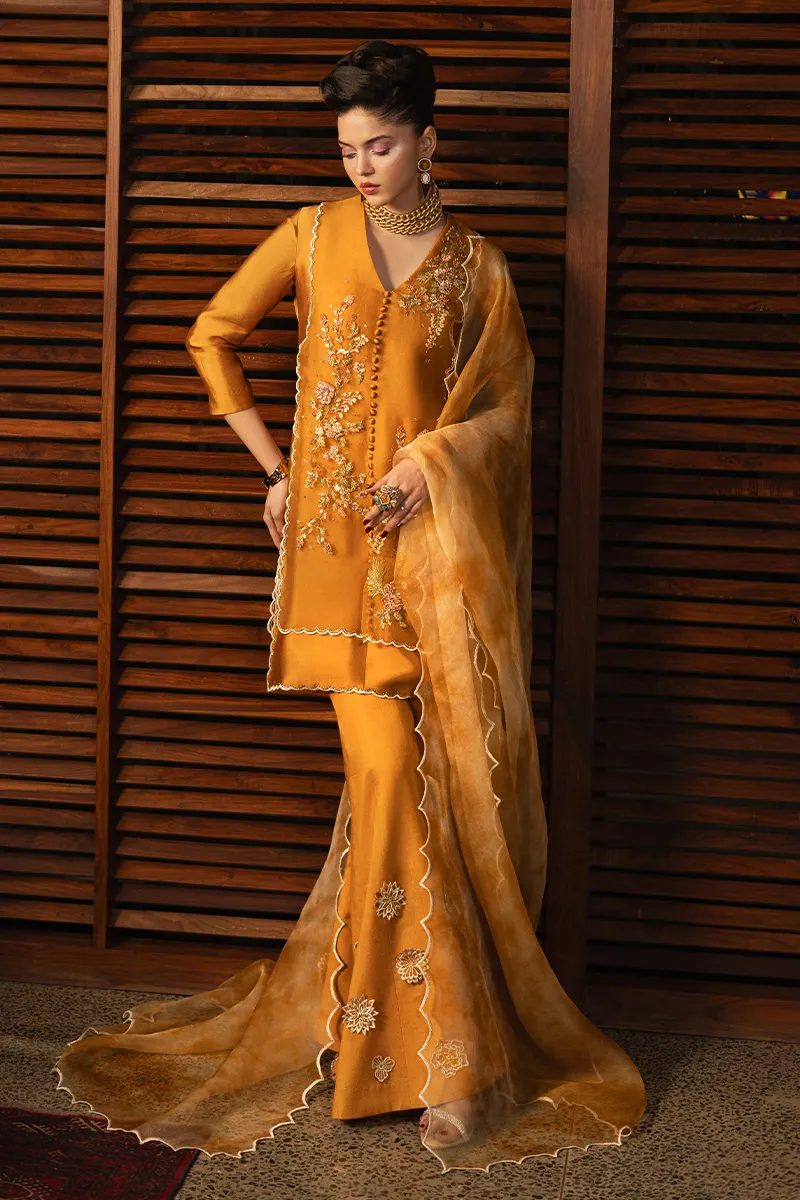 Embroidered Organza Shirt with Boot-Cut Trouser - Cali Bling, featuring intricate floral hand-embellishments and a luxurious mustard orange color."