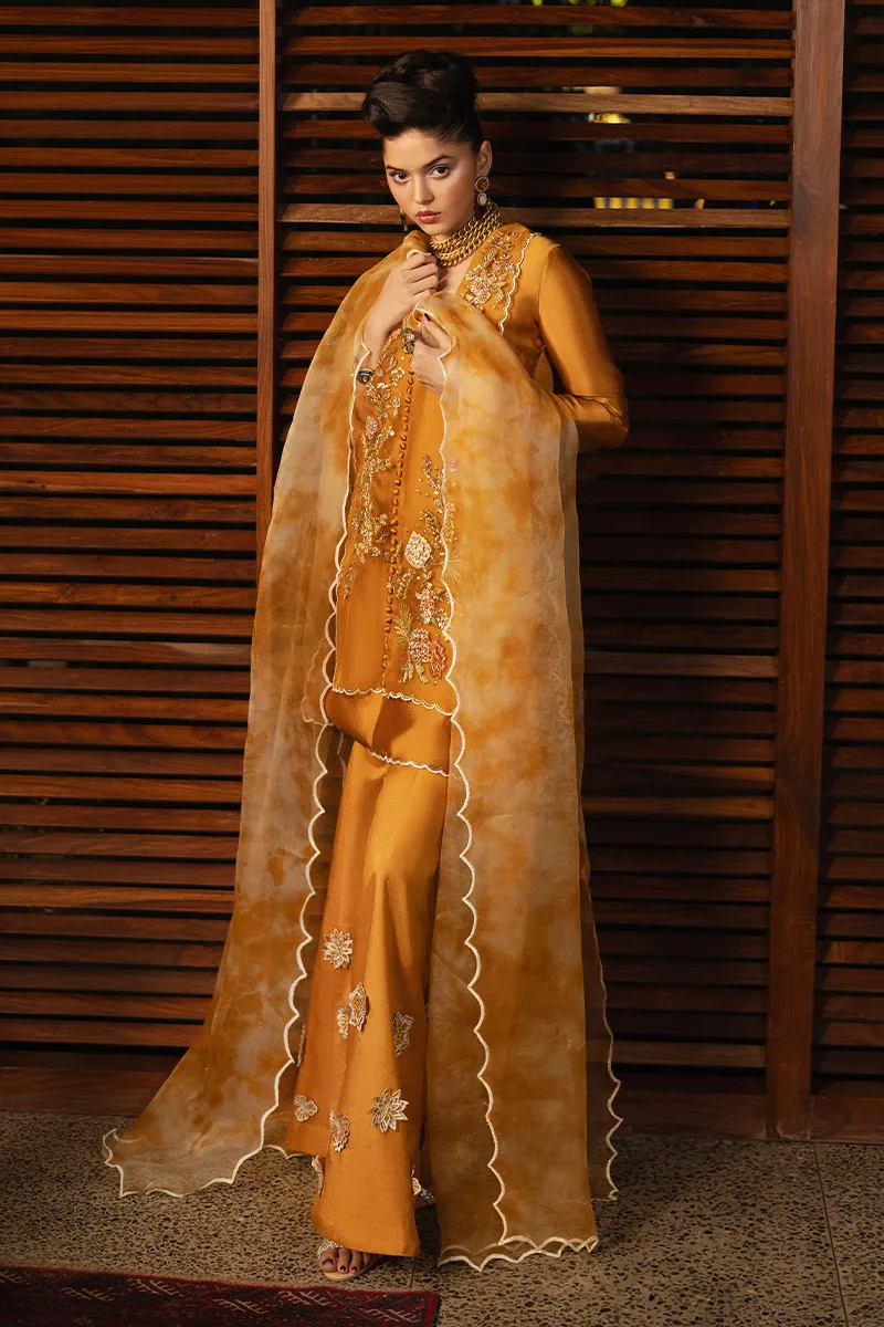 Tie-dye organza dupatta with inverted embroidered scallops, adding an artistic touch to the embroidered organza ensemble.