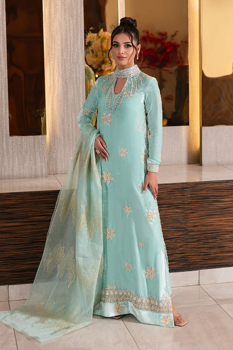 Ice blue velvet shirt with embellished neckline and intricate design